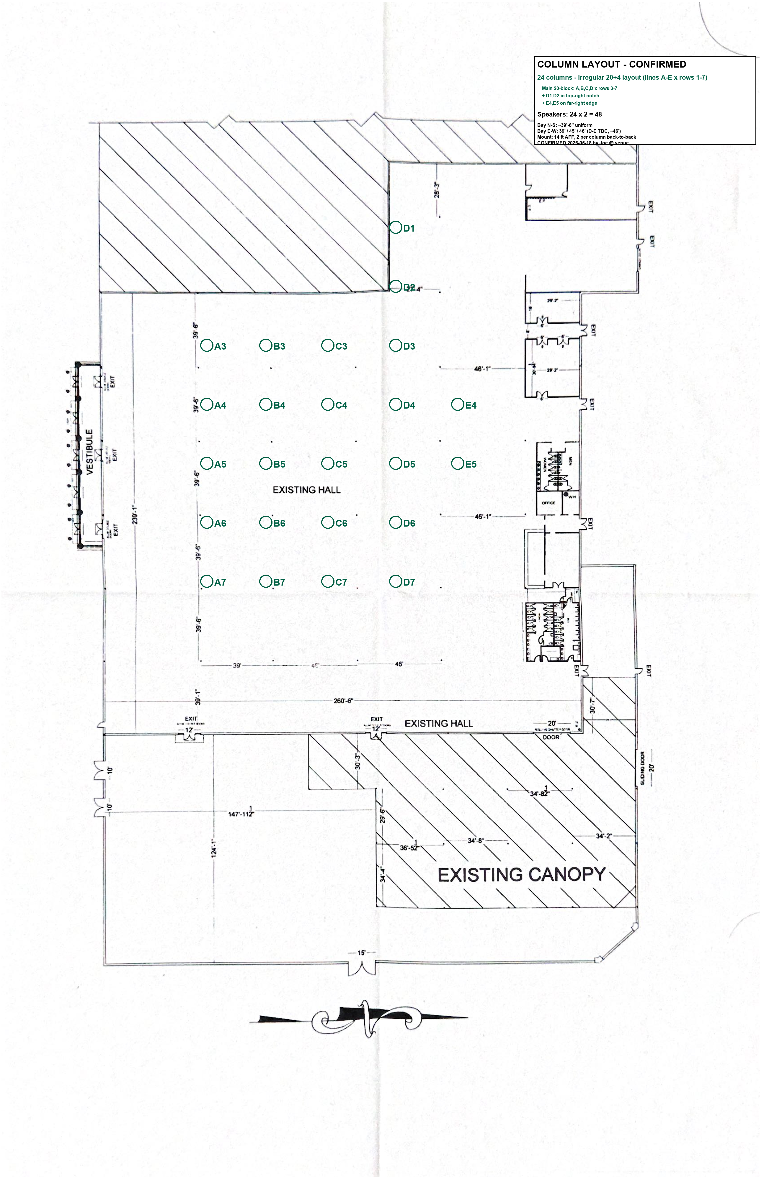 Annotated floorplan showing the 24 confirmed column positions inside the Existing Hall envelope, in a 20+4 irregular layout